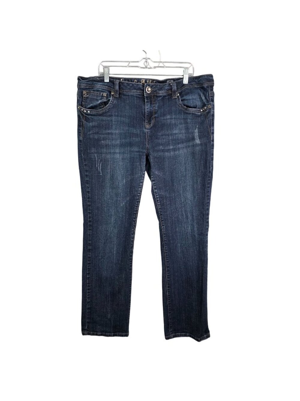 Juniors LA Idol Blue Denim Jeans Straight Rhinestones Accents Mid Rise Size 19